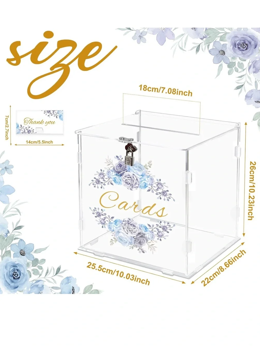 Acrylic Blue Floral Clear Card Box with Lock for Wedding, Graduation, Showers